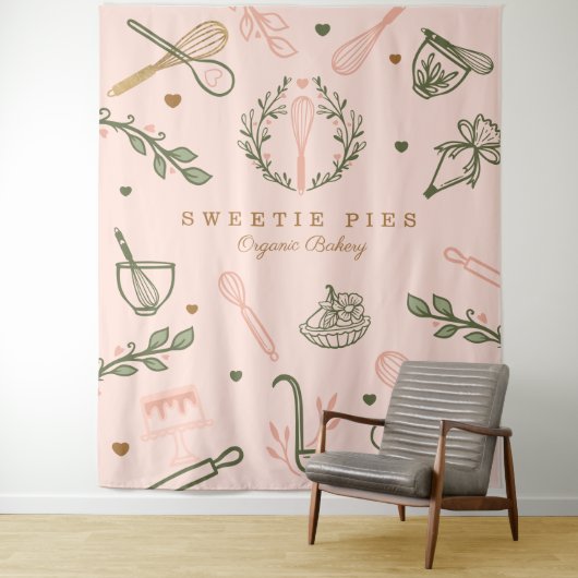 Roze en olijfgroene bakkerij- en kookartikelen wandkleed (In situ)