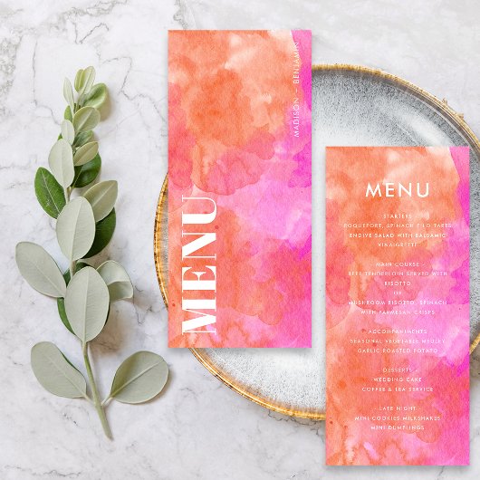 Roze en Oranje Abstract Waterverf Trouwfeest Menu