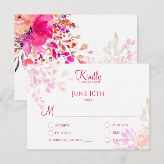 Roze en Oranje Aquarel Bloemen Elegant Bruiloft RSVP Kaartje (Voorkant / Achterkant)