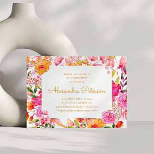 Roze en oranje aquarel bloemen QUINCEAÑERA Kaart