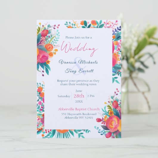 Roze en Oranje Aquarel Tropische Bloemige Trouwdag Kaart (Staand voorkant)