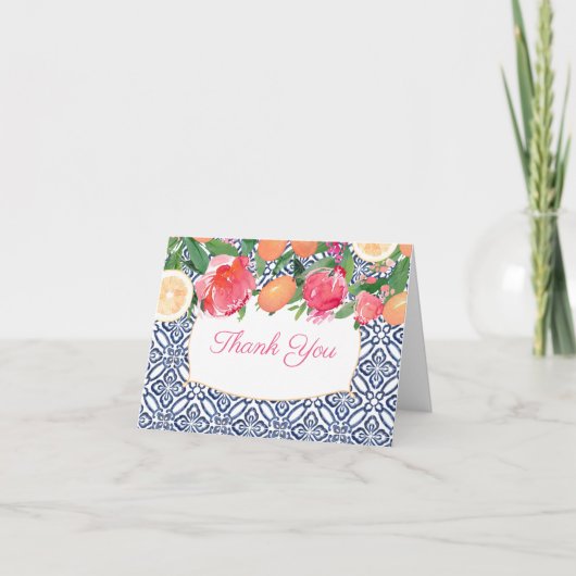 Roze en Oranje Blauwe Tegels Mediterrane Douche Bedankkaart (Voorkant)