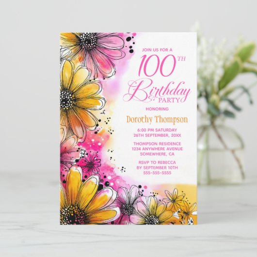 Roze en Oranje Bloemen 100ste Verjaardagsfeest Kaart (Staand voorkant)