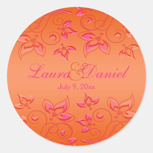 Roze en Oranje Bloemen 1,5" Ronde Bruiloft Sticker (Voorkant)