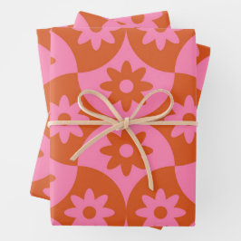 Roze en Oranje bloemen op Mid Century Scallop Inpakpapier Vel