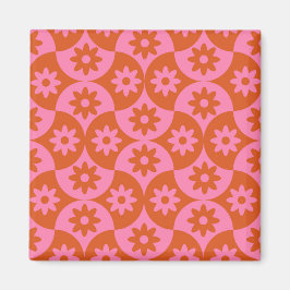 Roze en Oranje bloemen op Mid Century Scallop Magneet