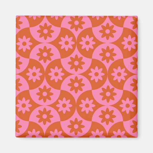 Roze en Oranje bloemen op Mid Century Scallop Magneet (Voorkant)