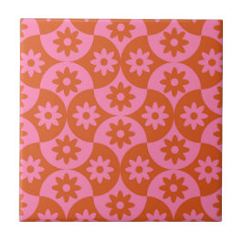 Roze en Oranje bloemen op Mid Century Scallop Tegeltje