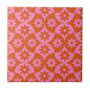 Roze en Oranje bloemen op Mid Century Scallop Tegeltje