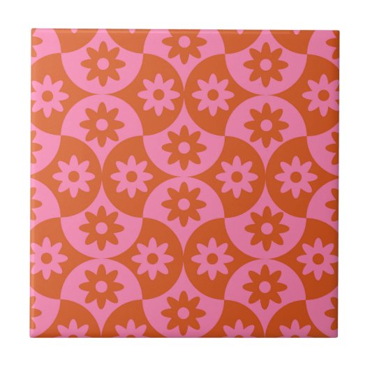 Roze en Oranje bloemen op Mid Century Scallop Tegeltje (Voorkant)