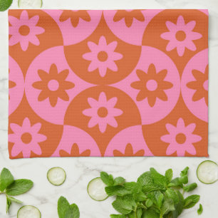 Roze en oranje bloemen op mid-century scallop theedoek