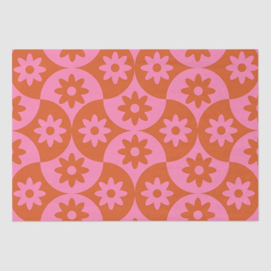 Roze en Oranje bloemen op Mid Century Scallop Tissuepapier (Voorkant)