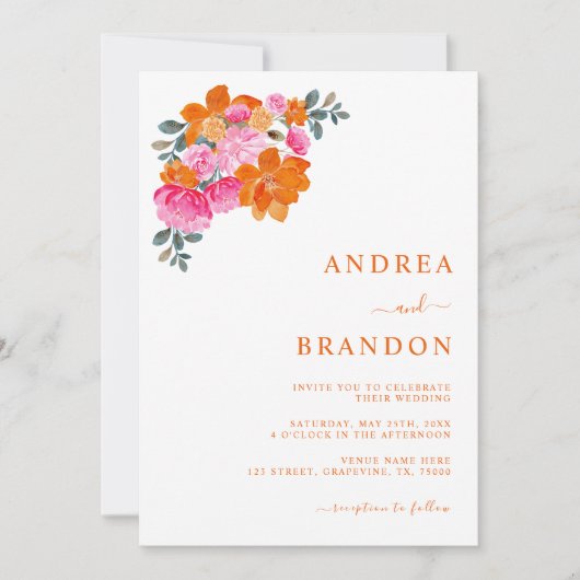 Roze en Oranje Bloemen Qr Code Bruiloft Alles in e Kaart (Voorkant)