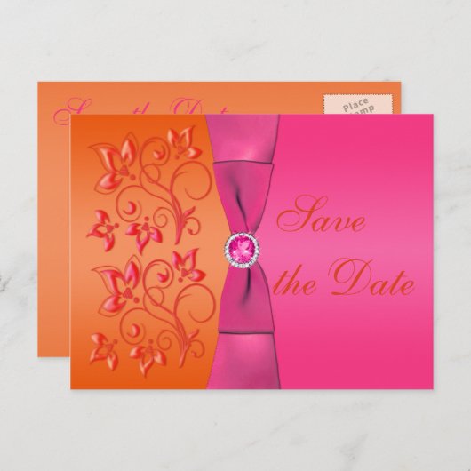 Roze en Oranje Bloemen Save the Date Briefkaart (Voorkant / Achterkant)