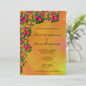 Roze en Oranje Bloemen Thema Bruiloft Kaart (Staand voorkant)