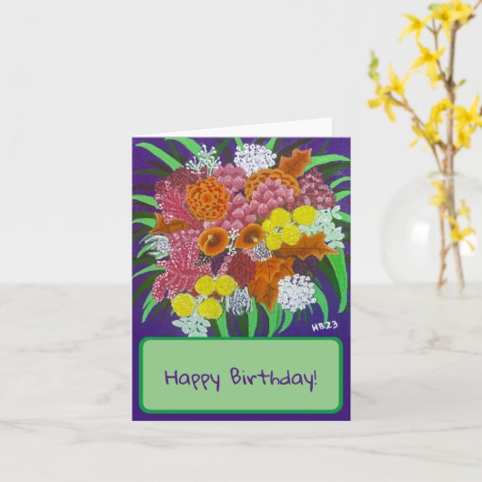 Roze en Oranje Bloemenboeket Verjaardag Kaart (Gele Bloem)