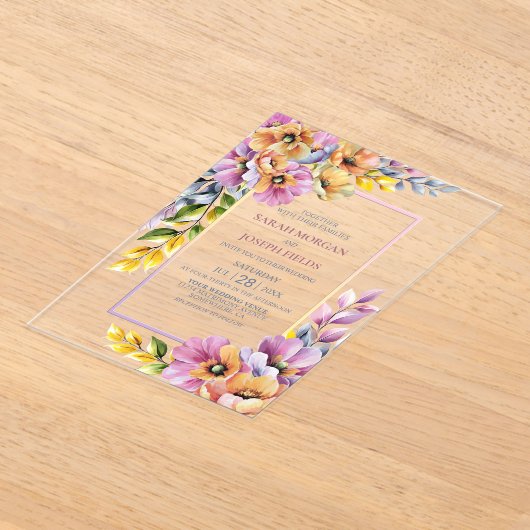 Roze en Oranje bloemenbruiloft Acryl Uitnodigingen (Laagn)