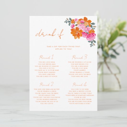 Roze en oranje bloemendrink als bruidsbruiloft spe kaart (Staand voorkant)