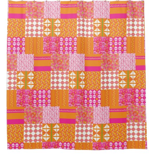 Roze en oranje bloemenpatchwork douchegordijn (Voorkant)