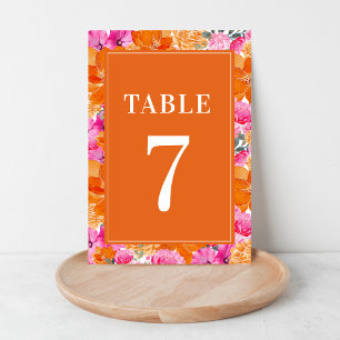 Roze en oranje bloemenschildering tafel 7 bruiloft kaart