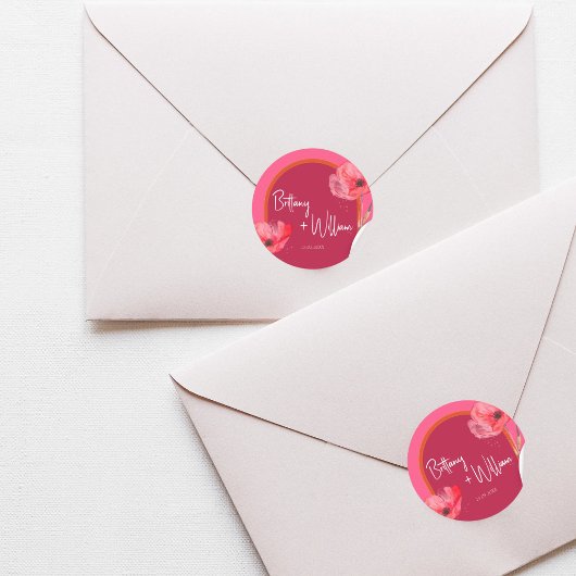 Roze en oranje bloemige bloei levendig ronde sticker