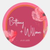 Roze en oranje bloemige bloei levendig ronde sticker (Voorkant)