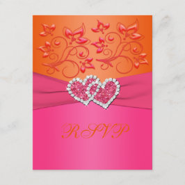 Roze en oranje bloemige verbonden harten antwoordk RSVP kaartje