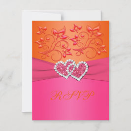 Roze en oranje bloemige verbonden harten antwoordk RSVP kaartje