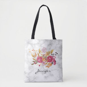 Roze en Oranje bloemkool op marmer Texture Tote Bag