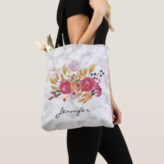 Roze en Oranje bloemkool op marmer Texture Tote Bag (Dichtbij)