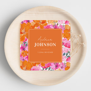 Roze en Oranje bruine Waterverf Summer Floral Vierkante Visitekaartje