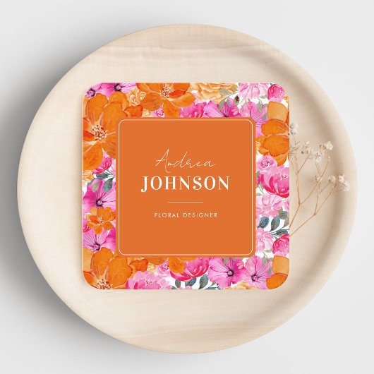 Roze en Oranje bruine Waterverf Summer Floral Vierkante Visitekaartje