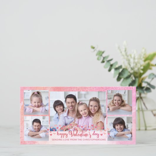 Roze en Oranje Brush Script 5-Foto Valentijn Feestdagenkaart (Staand voorkant)