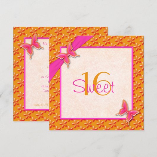 Roze en Oranje Butterfly Sweet Sixteen-uitnodiging Kaart (Voorkant / Achterkant)