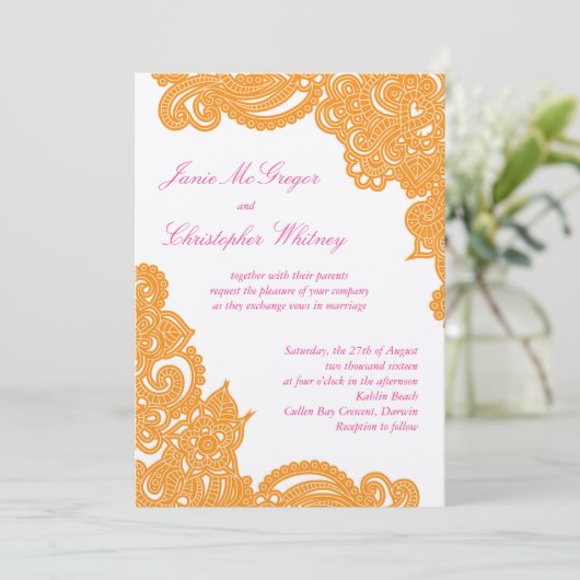 Roze en Oranje Champagne Henna Wedding-uitnodiging Kaart (Staand voorkant)