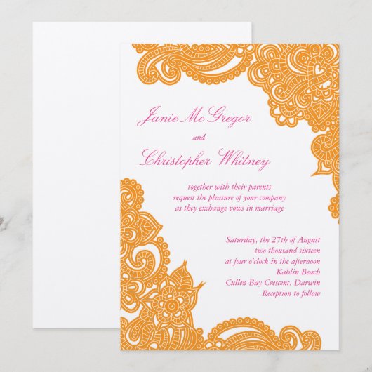 Roze en Oranje Champagne Henna Wedding-uitnodiging Kaart (Voorkant / Achterkant)