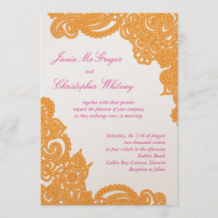Roze en Oranje Champagne Henna Wedding-uitnodiging Kaart