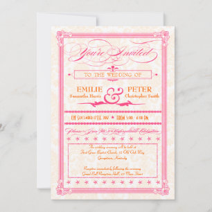 Roze en Oranje Damask Poster Wedding & RSVP Uitnod Kaart