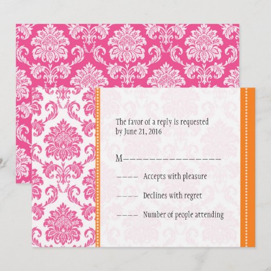 Roze en Oranje Damask RSVP-kaarten Kaart (Voorkant / Achterkant)
