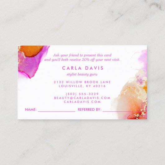 Roze en Oranje elegante Waterverf alcoholinkt Aanbevelingskaartje (Achterkant)