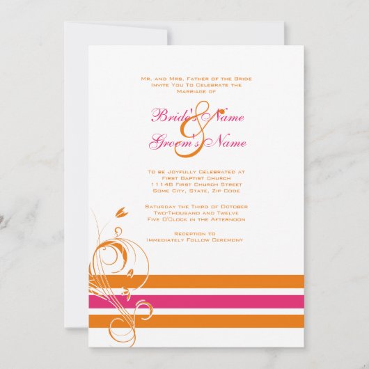 Roze en Oranje Floral Bars Wedding Invitation Kaart (Voorkant)