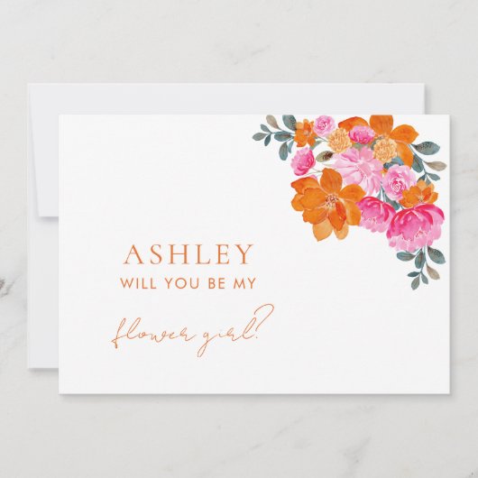 Roze en Oranje Floral Bloemenmeisje Voorstel Kaart (Voorkant)
