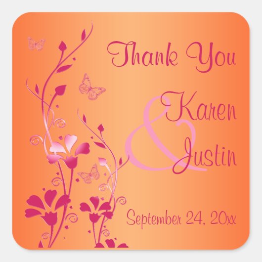 Roze en Oranje Floral Wedding Favor Sticker (Voorkant)