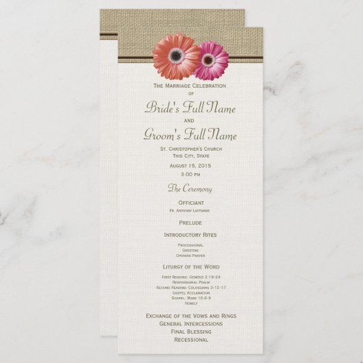 Roze en Oranje Gerbera Daisy Wedding Program Programmakaart (Voorkant / Achterkant)
