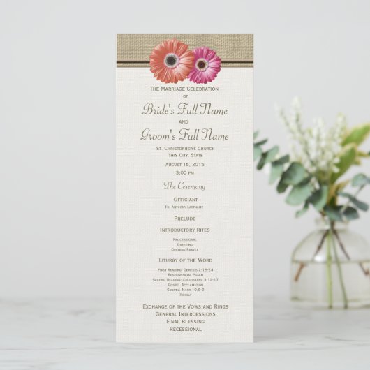 Roze en Oranje Gerbera Daisy Wedding Program Programmakaart (Staand voorkant)