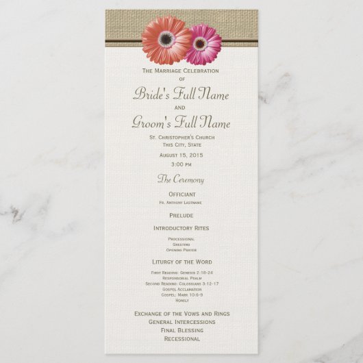 Roze en Oranje Gerbera Daisy Wedding Program Programmakaart (Voorkant)