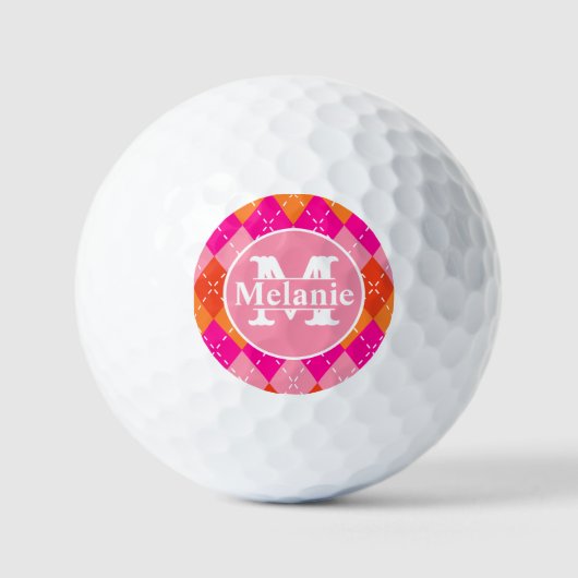 Roze en Oranje Golfing Argyle Preppy gepersonalise Golfballen (Voorkant)