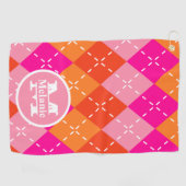Roze en Oranje Golfing Argyle Preppy gepersonalise Golfhanddoek (Horizontaal)