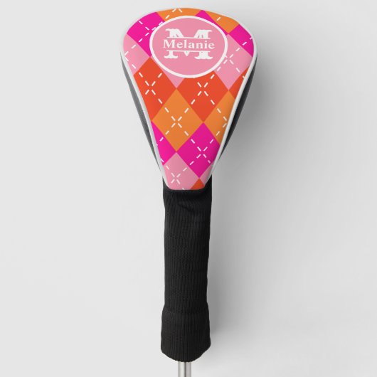 Roze en Oranje Golfing Argyle Preppy gepersonalise Golfheadcover (Voorkant)