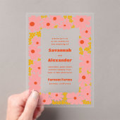 Roze en Oranje Groovy Blooms Boho Wedding Acryl Uitnodigingen (Insitu (Draagbaar))